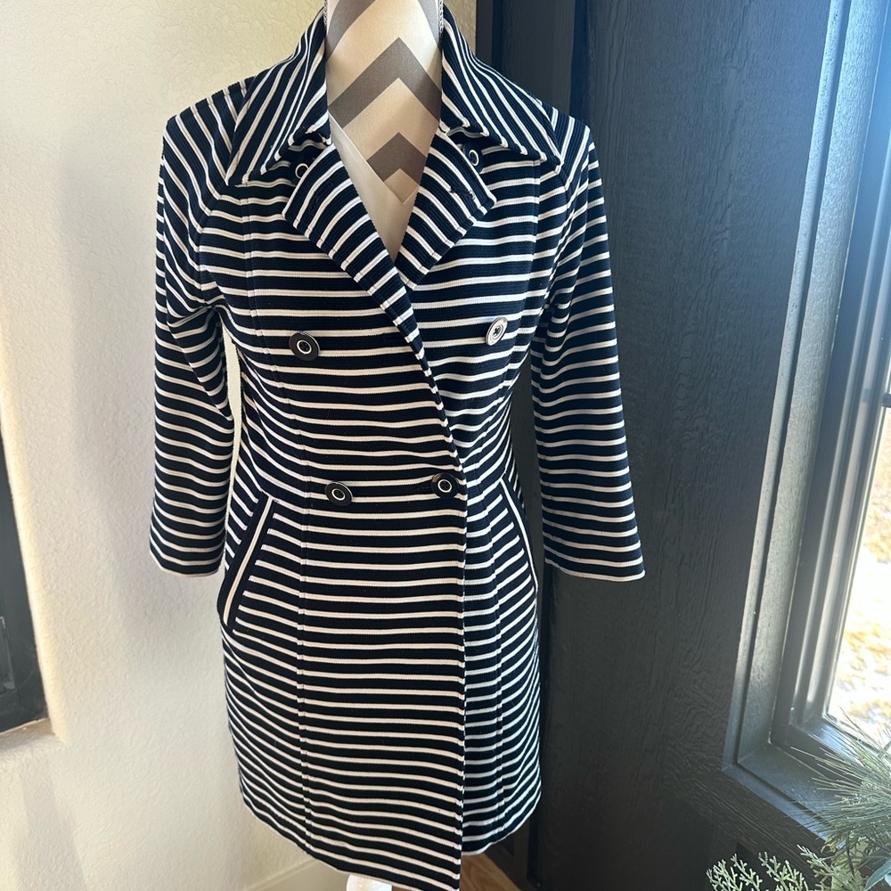Cabi Small Maritime Trench Coat Navy White Ribbed Striped Rayon Blend Coat - Picture 3 of 8